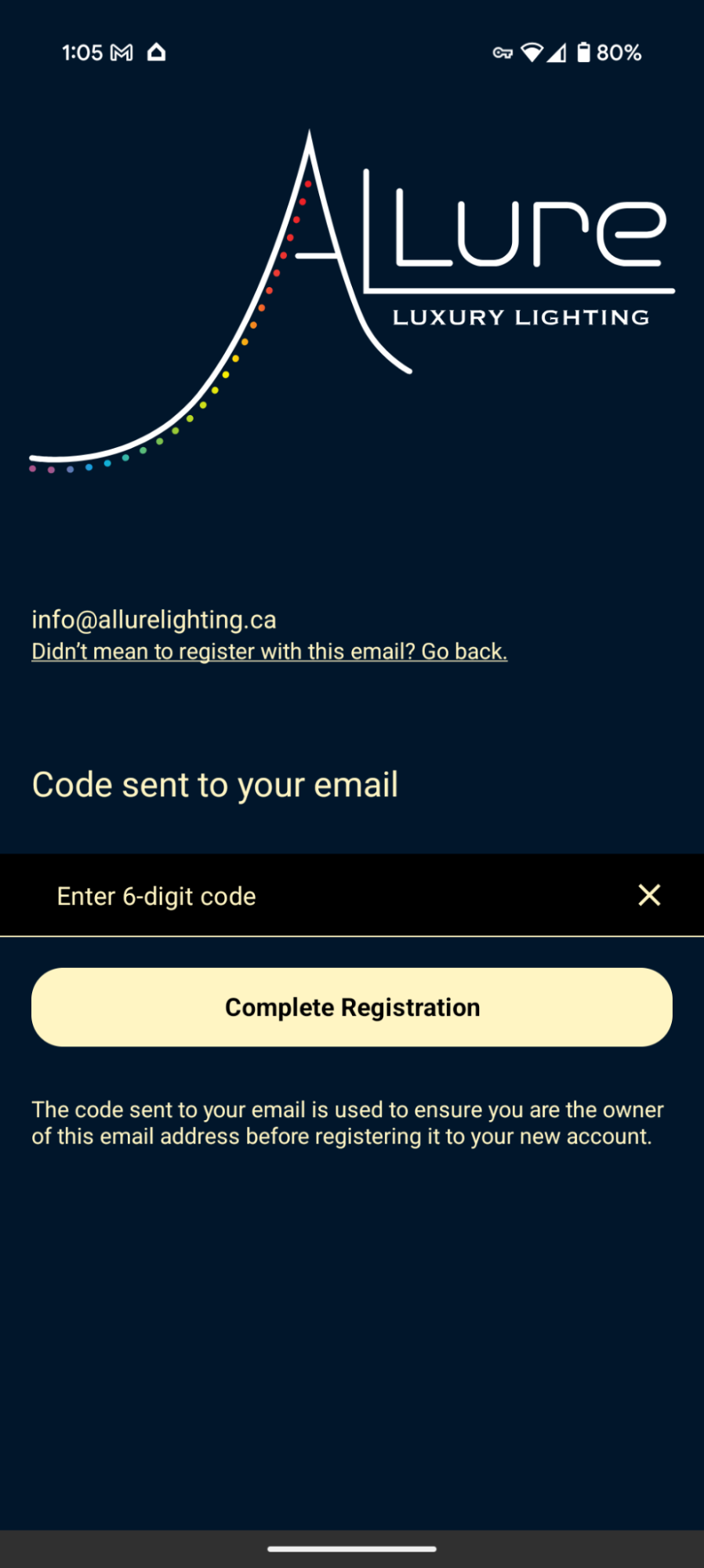 Allure app — account creation form asking for name, email and password