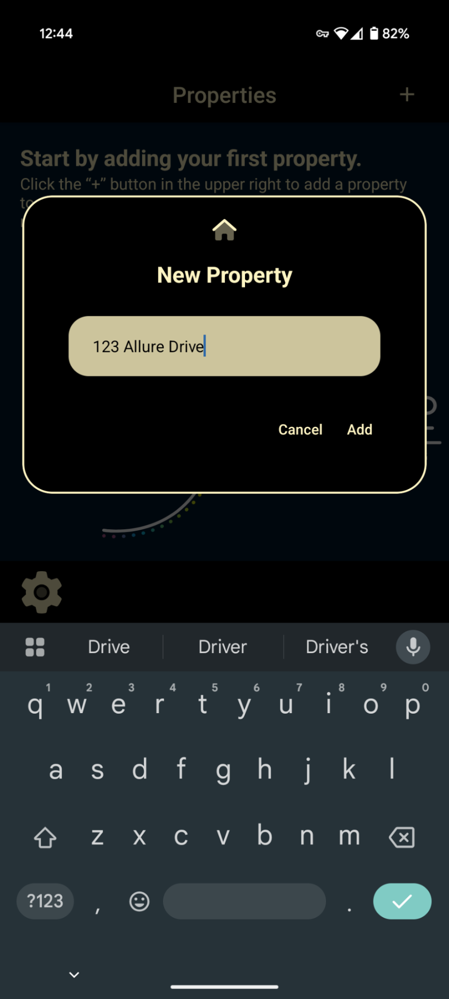 Allure app — Add Property form with property name and address fields