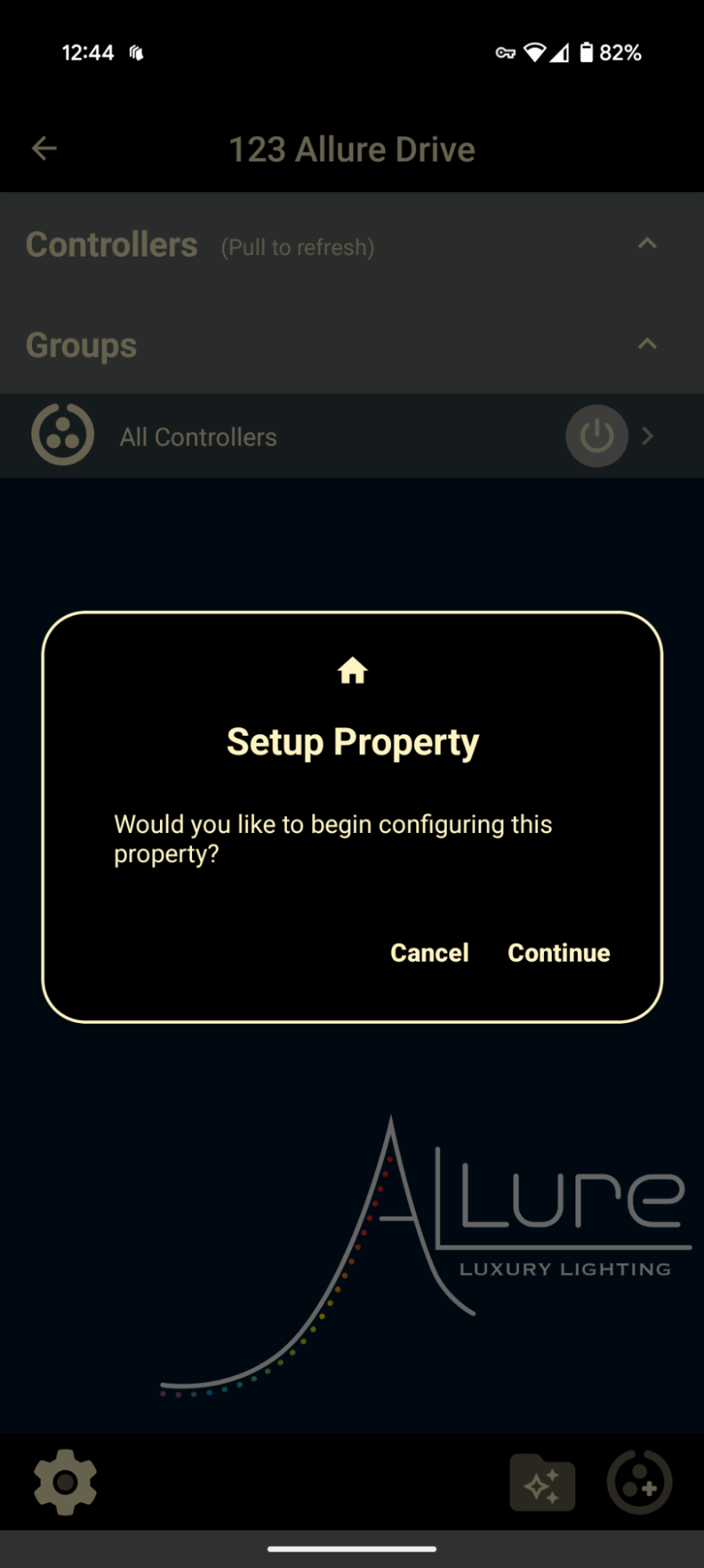 Allure app — Property Settings screen with the Hubs option