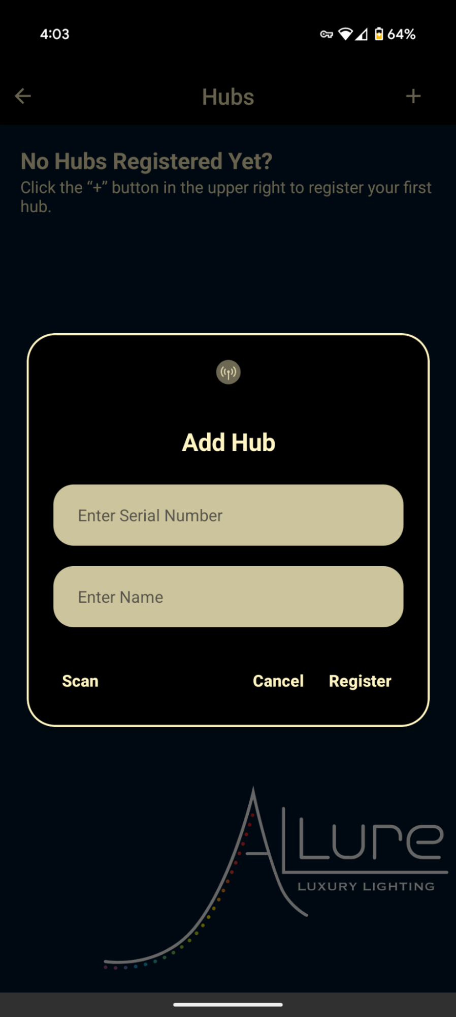 Allure app — Add Hub pop-up asking for the hub serial number