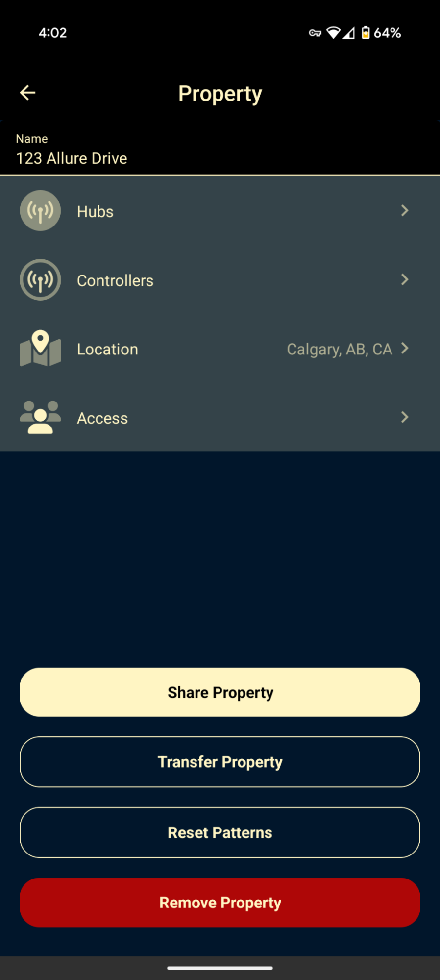 Allure app — Property Settings screen with the Controllers option