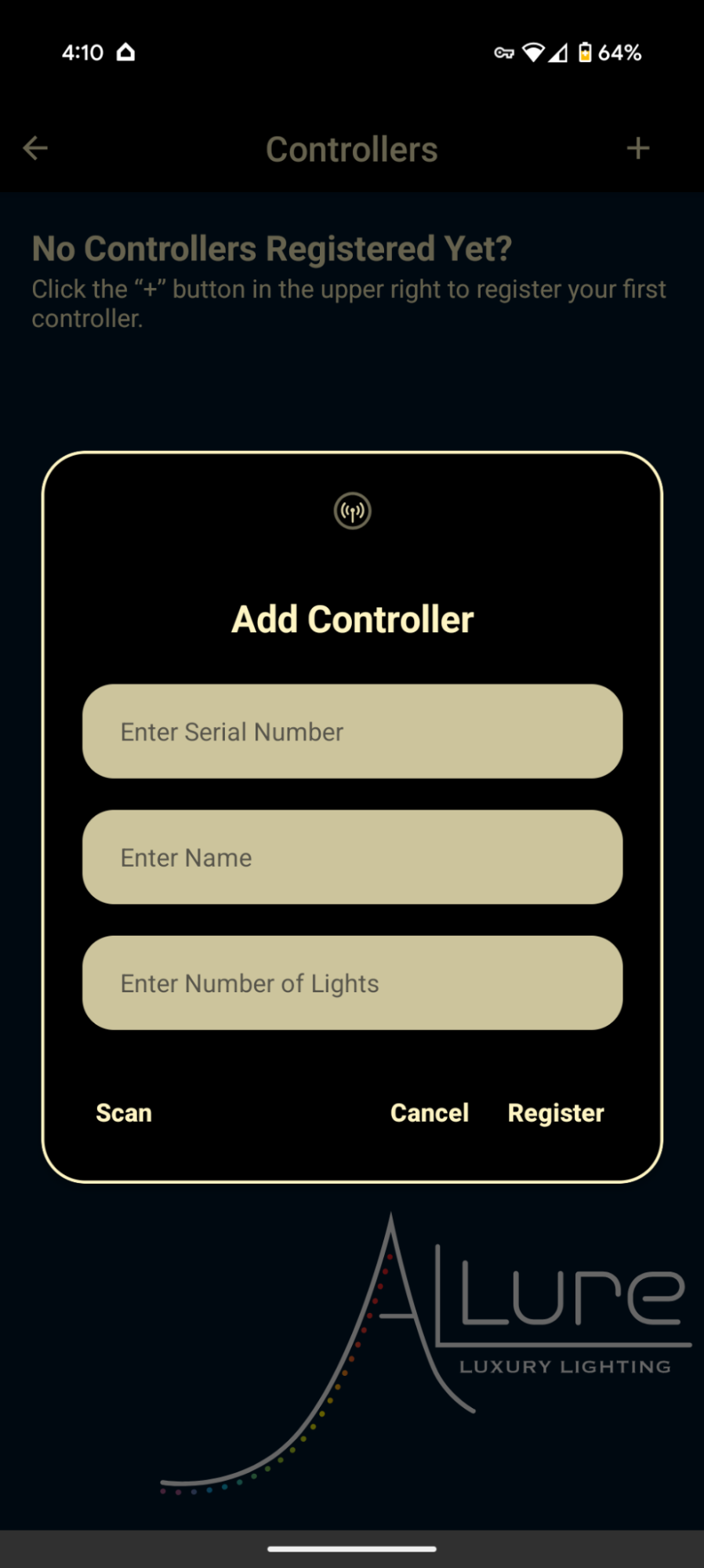 Allure app — Add Controller pop-up with serial number, name and light count fields