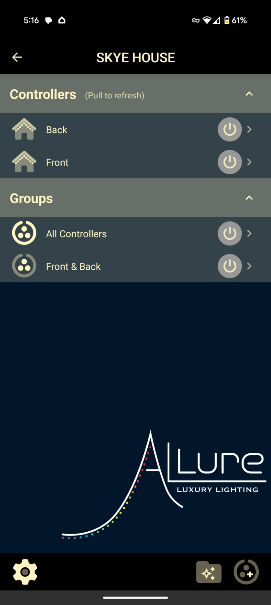 Allure app — Controller Home Page listing registered controllers and grouped zones