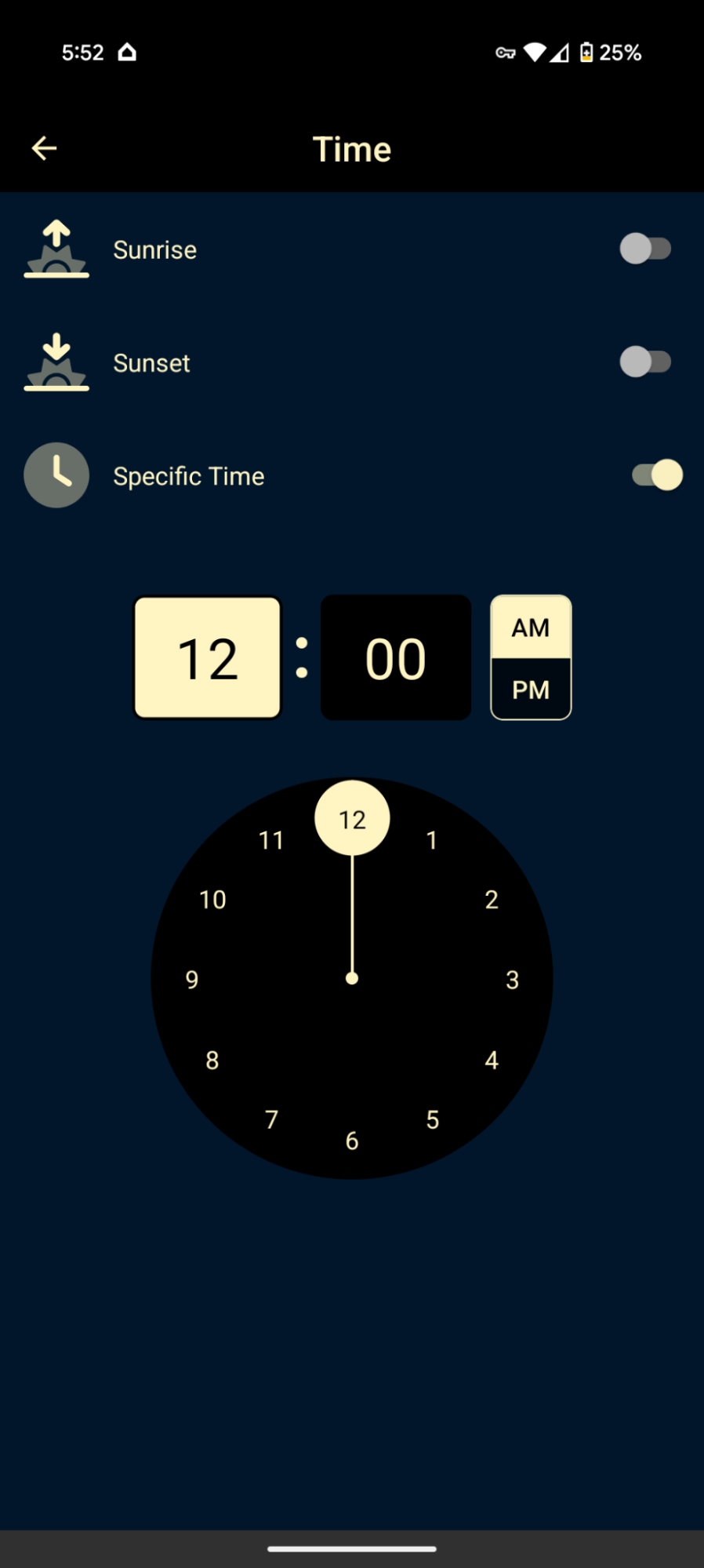 Allure app — time selection offering Specific Time, Sunset or Sunrise