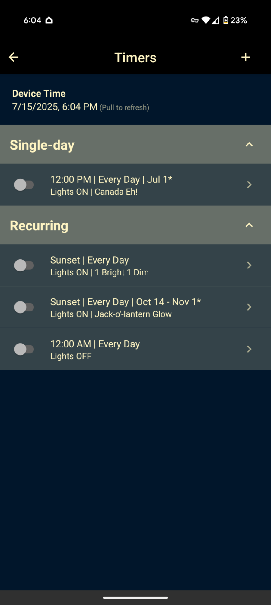 Allure app — shared timer list available across all zones and controllers